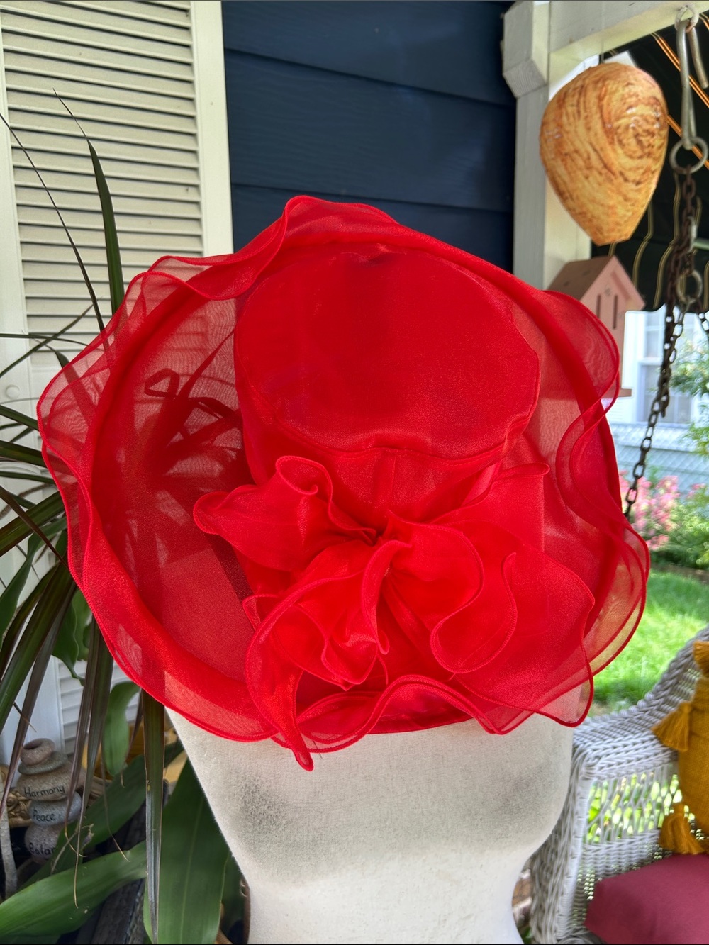 Vintage Wide-Brim Red Organza Derby Hat